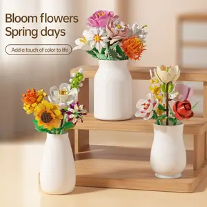 16-Piece DIY Flower Building Set, Includes Lily Rose Tulip Sunflower Jasmine, High-Quality Abs Material, Perfect Gift for Kids & Adults