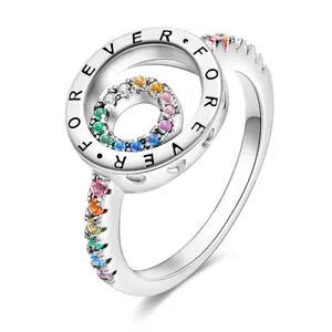 Forever Rainbow Ring 925 Sterling Silver, "Forever" Engraved, Rainbow Gems For Romantic & Pride Jewelry, For Stackable Jewelry Lovers, Everyday Wear Women's Rings