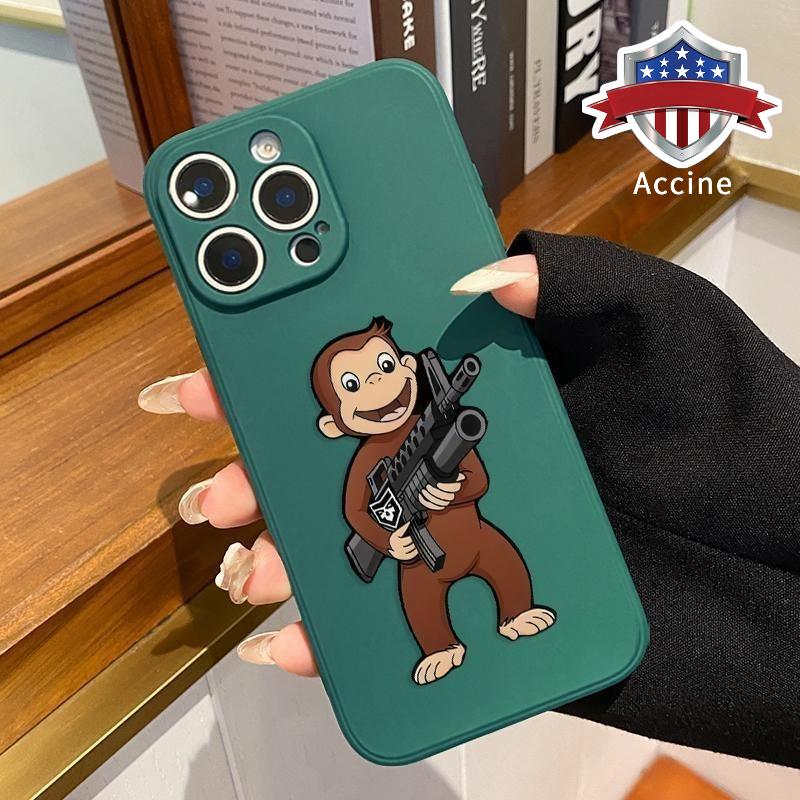 Machine Gun Monkey Pattern Straight Edge Phone Case for iPhone 17 16 Pro Max 15 14 13 12 11 Air XR E XS Plus Shockproof Non Slip Military-Grade Protection Silicone Cover