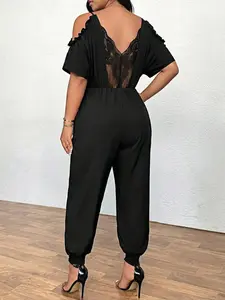 Plus Size Women's Summer Casual One Shoulder Short Sleeve Jumpsuit, Elegant Fashion Solid Color Belted Design, Comfortable for Daily Activities, Chic, Womenswear