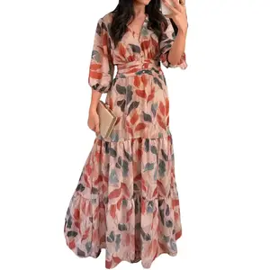2026Women's Plants Print V-Neck Puff Sleeve Maxi Dress