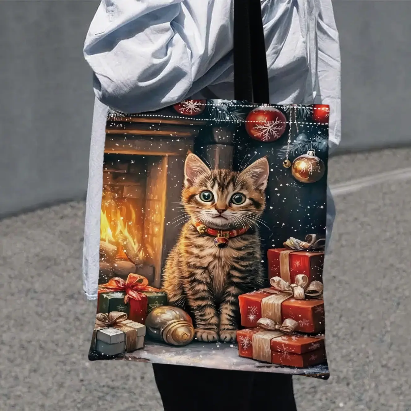 Christmas Cat Pattern Shoulder Bag, Perfect for Shopping, Daily Use, Holiday Gift, High Quality, Women's Handbag