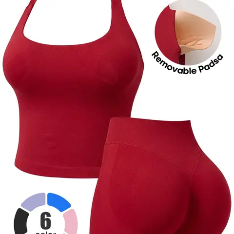 TASKWAY Women's 2-Piece Solid Color Halter Top & High Waist Shorts Matching Set - Quick-Dry, Breathable Sports Clothes for Women, Summer Casual Active Outfit Sets for Yoga, Gym Tops