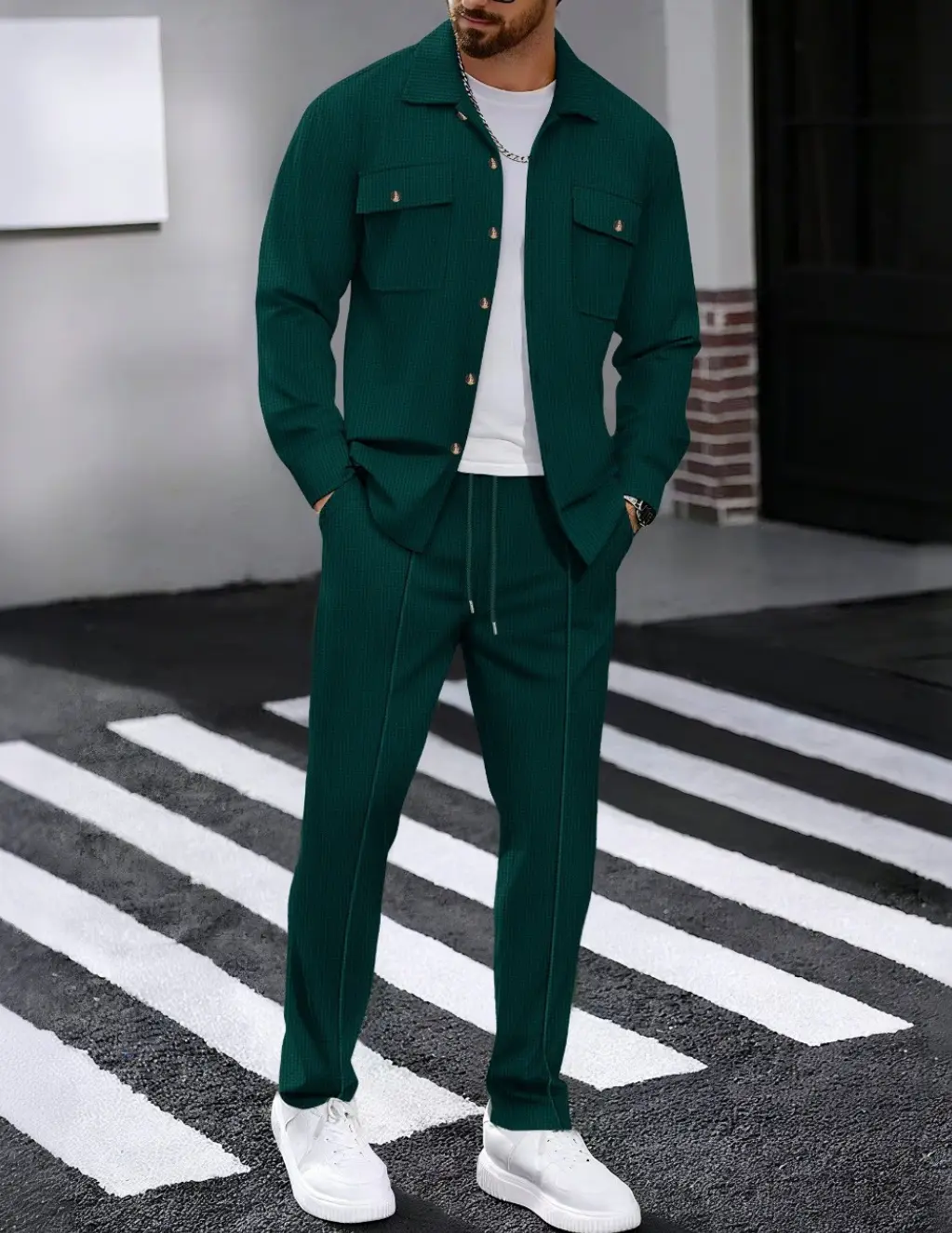 Men's 2-Piece Autumn Waffle Set, Long-Sleeved Pants, Solid-Color Button-Up Cardigan Shirt with Double Pockets