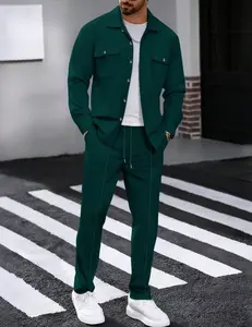 Men's 2-Piece Autumn Waffle Set, Long-Sleeved Pants, Solid-Color Button-Up Cardigan Shirt with Double Pockets