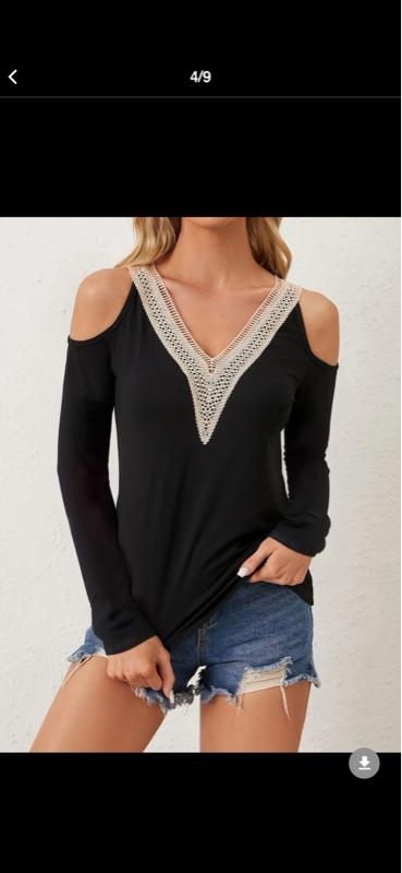 Elegant Black Cold Shoulder Top with Intricate Lace V-Neck Design for Women
