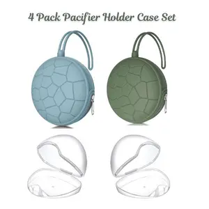 4 Pack Pacifier Holder Case Set – Silicone Portable Pacifier Pouch & Clear Pacifier Storage Box, Baby Soother Holder for Diaper Bag & Stroller, BPA Free, Easy to Clean (Blue & Green)