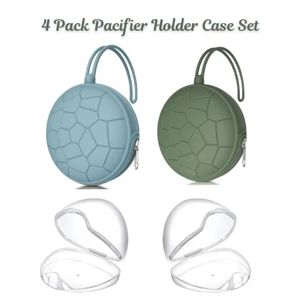 4 Pack Pacifier Holder Case Set – Silicone Portable Pacifier Pouch & Clear Pacifier Storage Box, Baby Soother Holder for Diaper Bag & Stroller, BPA Free, Easy to Clean (Blue & Green)