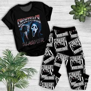 Halloween Ghostface Pajamas Cozy Horror Sleepwear for Women Short Sleeve Cotton Blend Slasher Movie Outfit Scary Costume Xmas Gift Idea