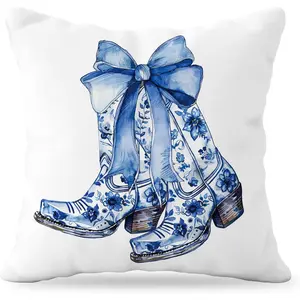 Blue and White Chinoiserie Western Pillow Covers 18x18, Coastal Cowgirl Gifts, Coquette Blue Bow Pillow Covers, Coquette Room Decor, Cowgirl Gifts, Grand Millenial Decor