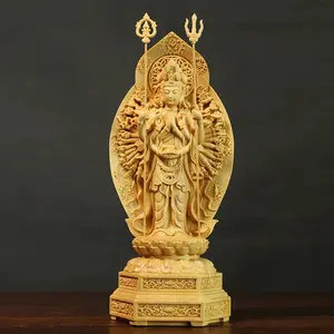 Hand-Carved Boxwood Thousand-Hand Guanyin Sculpture | Feng Shui Home Decor | Solid Wood Buddha Statue
