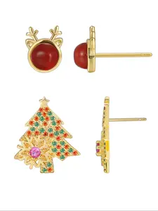 Cute Reindeer & Christmas Tree Design Stud Earrings, Rhinestone Decor Stud Earrings, Fashion Jewelry Accessories for Women & Girls