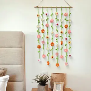 Handmade Yarn Crochet Puff Flower Hanging Decor, Artificial Floral Ornament for Christmas Festival Decoration, Unique Home Wall Art Gift Idea