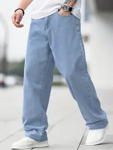 Spring Summer New Fat Plus Size Jeans Soft Versatile Loose Straight Pants Baby Blue Mid Waist Casual Amekaji Style with Zipper Fly Closure Button Details