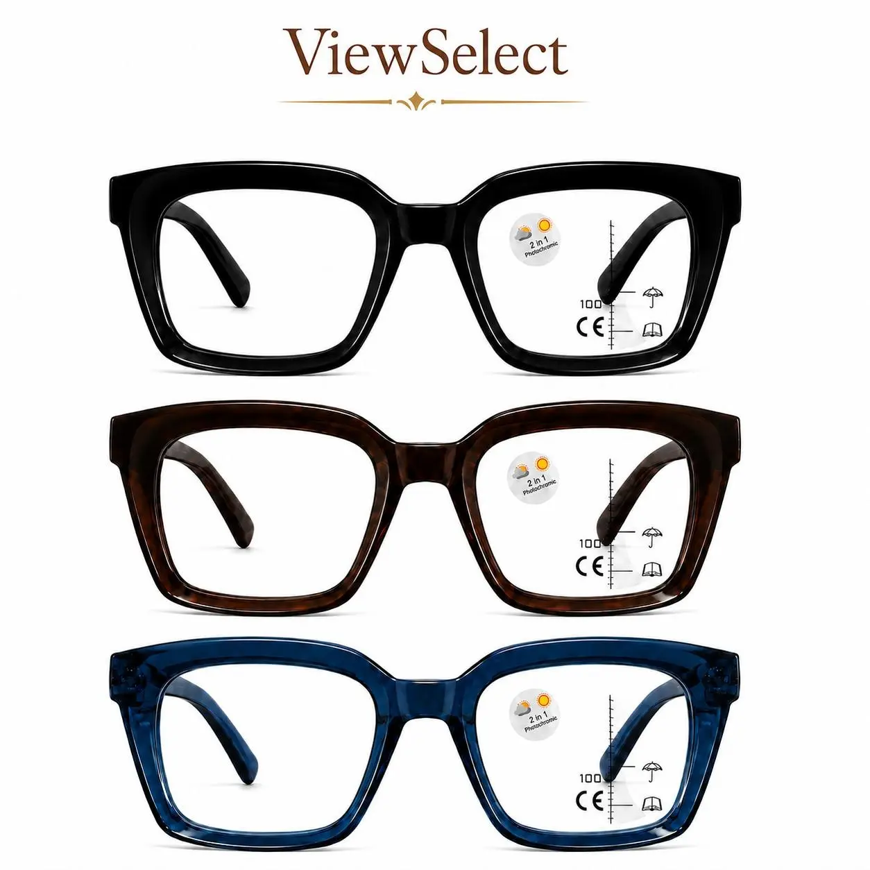 ViewSelect Progressive Multifocal Photochromic Reading Glasses for Women and Men - Oversized Square Frame, Light-Adaptive, Blue Light Filtering, Non-Prescription Near-Mid-Far Vision Eyewear