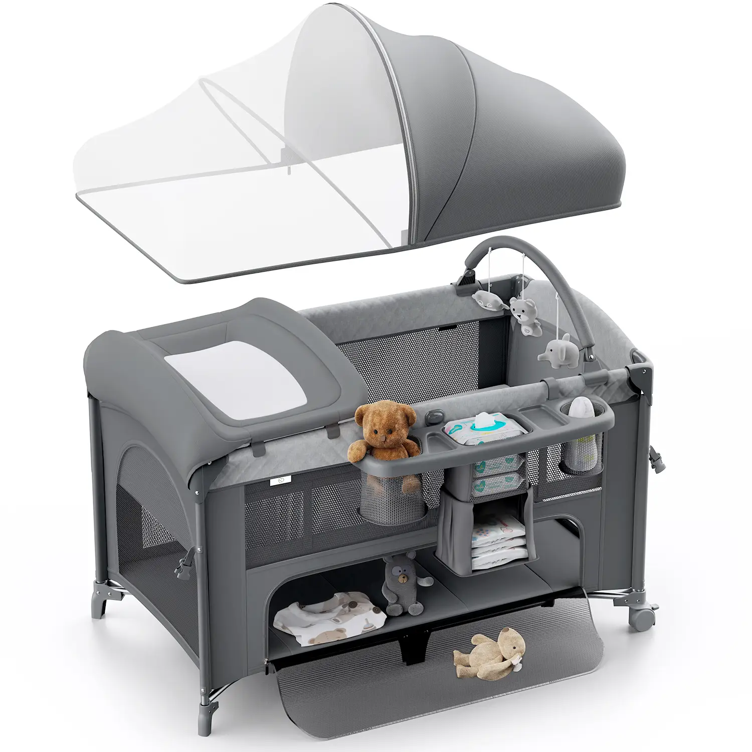 BabyBond 5 in 1 Foldable Baby Bassinets Bedside Sleeper, Large Playard Pack with Mattress,Storage Basket and Mosquito Net, Height Adjustable Baby Crib