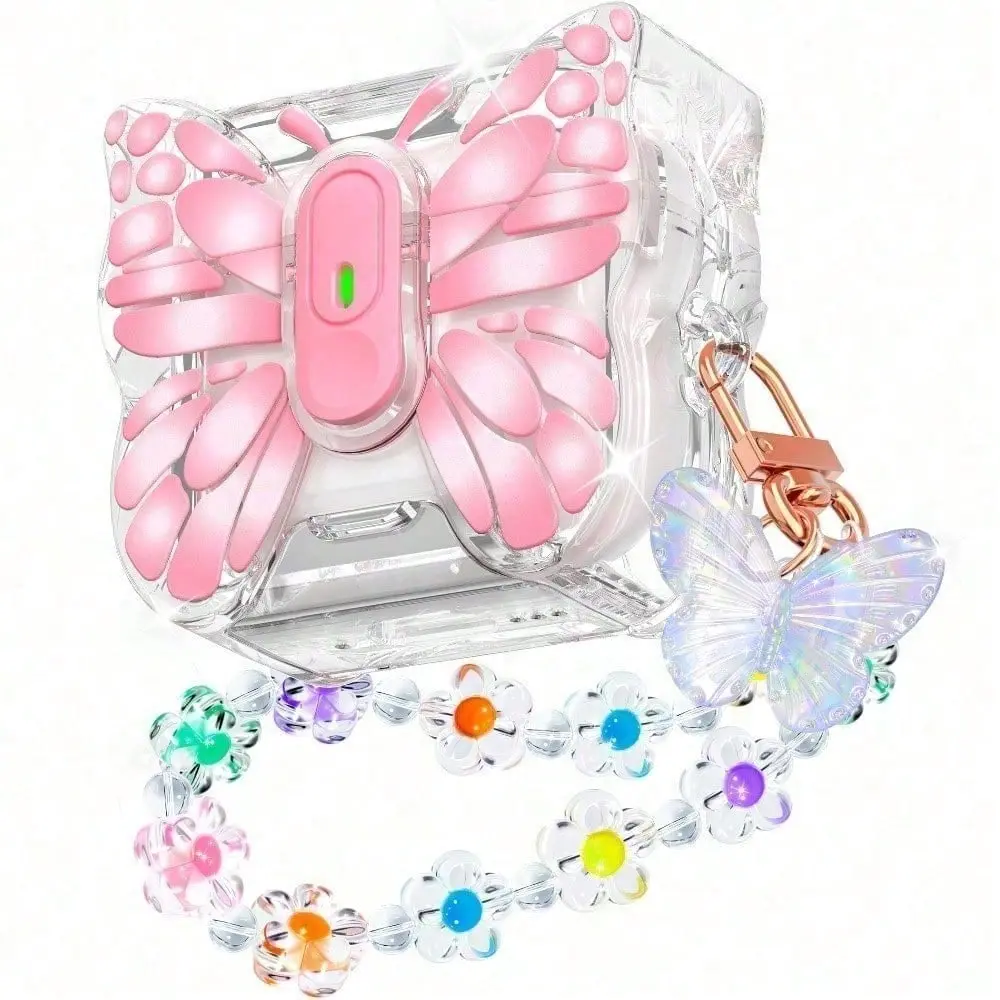 R-fun Aesthetic Butterfly TPU Case for AirPods 4/AirPods Pro 2, Wireless Headphone Accessory with Auto Pop-Up Lid, Kickstand, Military-Grade 360° Protection, Wrist Strap & Cleaning Kit