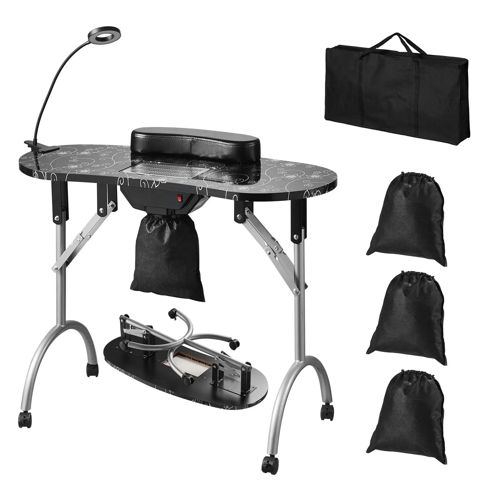 VEVOR Portable Manicure Table, Foldable Nail Table with Electric Dust Collector, Moveable Nail Tech Desk & 4 Wheels, 3 Dust Bags, Bendable LED Lamp, M