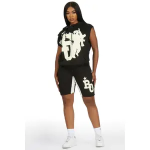 Danehsa Black Cut Sleeve Hoodie Short Set