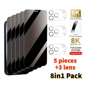 5 pieces+3 lens 8in1 Pack Privacy Screen Protector Tempered Glass Anti Spy+Scratch-resistant full coverage camera lens protection Compatible For iPhone 16 17 15 14 13 16e Plus Air Pro Max