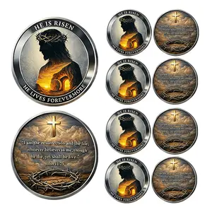 Replica Coin 10pcs/set, He Is Risen Jesus Resurrection Commemorative Coin, Christian Faith Cross Crown of Thorns Metal Collectible Coin, Religious Easter Gift for Believers