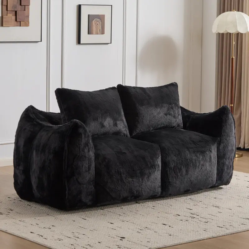 Giant Bean Bag Chair Couch Sofa for Adults, Ultra Soft Fluffy Loveseat Bean Bag Sofa, Oversized Chase Lounge Chair Indoor for Living Room Bedroom, No Assembly Required Cozy Reading Chair with Pillows, Black