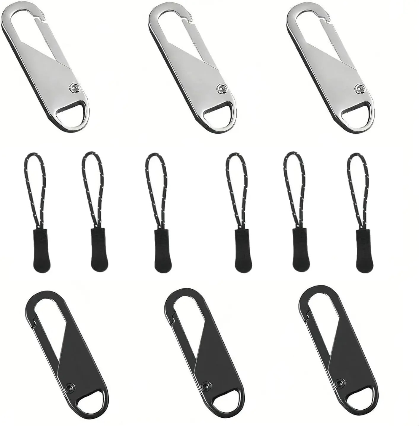 Zipper Pull Replacement, Zipper Pull Tabs for Luggage Clothing Jackets Backpacks Boots Purse Coat (Black+ Silver