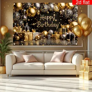 1pc 2D Flat Happy Birthday Party Banner - Black & Golden Crown Balloon Design with "Happy Birthday" Text, Durable Polyester Photography Backdrop for Indoor/Outdoor Decor, Perfect for Wall, Livin White