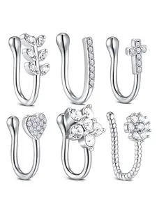 6pcs/set Multi-Style Rhinestone Decorated Fake Nose Ring, Nose Rings Set, Punk Style Non Piercing Nose Ring For Women & Girls, Body Jewelry For Party, Daily Clothing Decor, Sparkle And Fun
