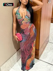 Women's Fashion Sexy Low Back V-Neck Bodycon Halter Dress, Slim Fit Backless Party Dress, Trendy Casual Wear for Lady Cloting Print Spring Summer New