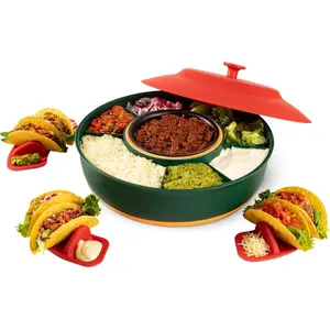 Taco Tuesday Kit - Taco Bar Serving Set for a Party - 30oz Heated Pot, 4 Taco Holders, & Detachable Lazy Susan Tray - Taco Night Fiesta -  Couple & Housewarming  Set Ideas