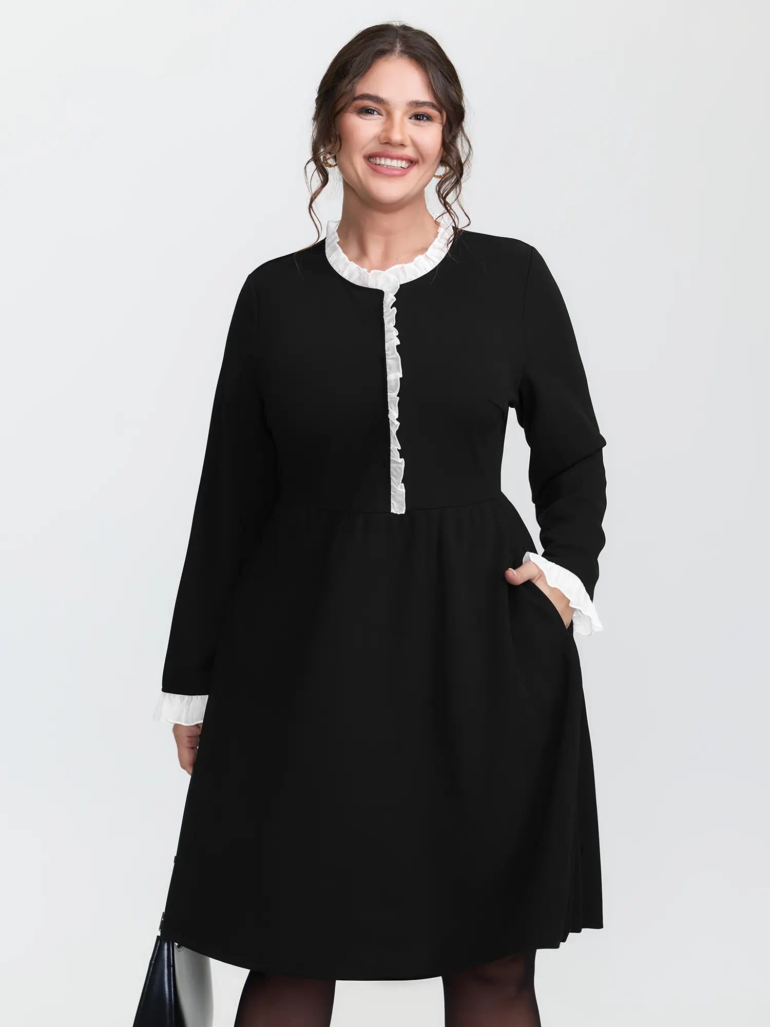 BloomChic Women's Color-Block Bodycon Garment with Ruffle Sleeves and Pockets, Low Iron Polyester Elastane Fabric with Stand-Up Collar, Lady