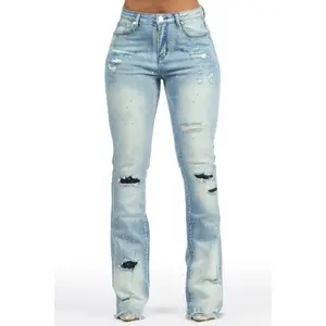 Kelle Med. Wash Rhinestone Stacked Jean