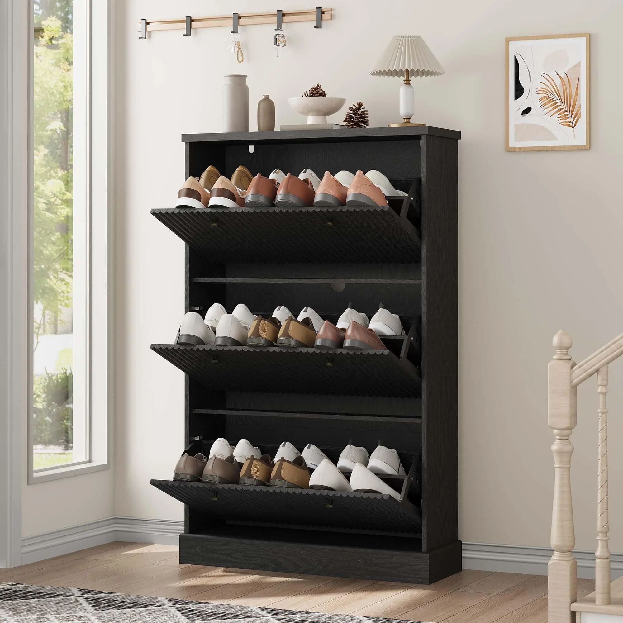 GARVEE Black Shoe Cabinet with 3 Flip Drawers, Hidden Wooden Fluted Shoe Cabinet with Adjustable Shelf, Freestanding Shoe Storage Cabinet for Entryway Hallway, Living Room