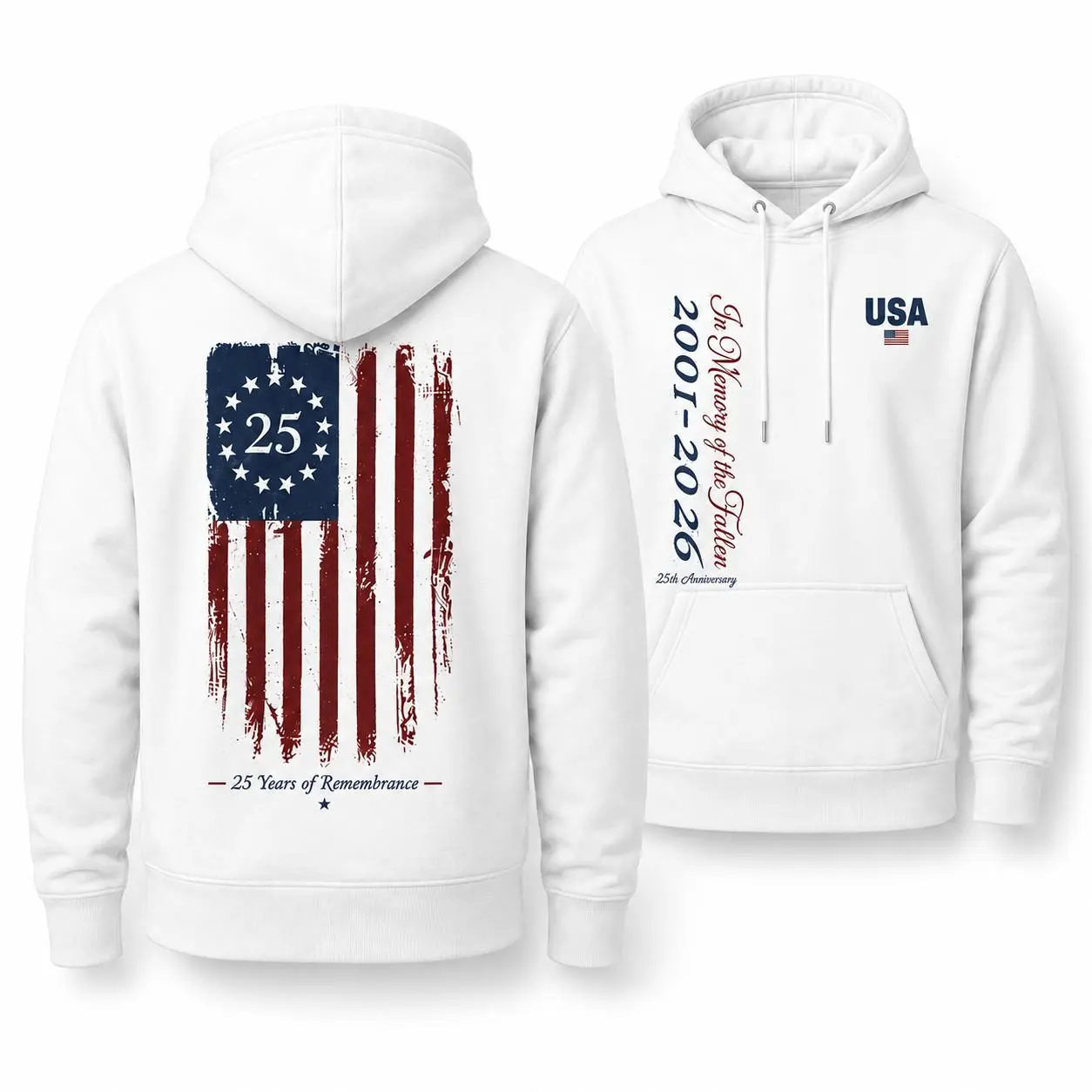 [MADE IN US] 25 Years Of Remembrance Hoodie, Distressed American Flag 2001 2026 Anniversary Graphic, Patriotic Memorial Gift For Americans Veterans And First Responders Classic Cotton Menswear Unisex