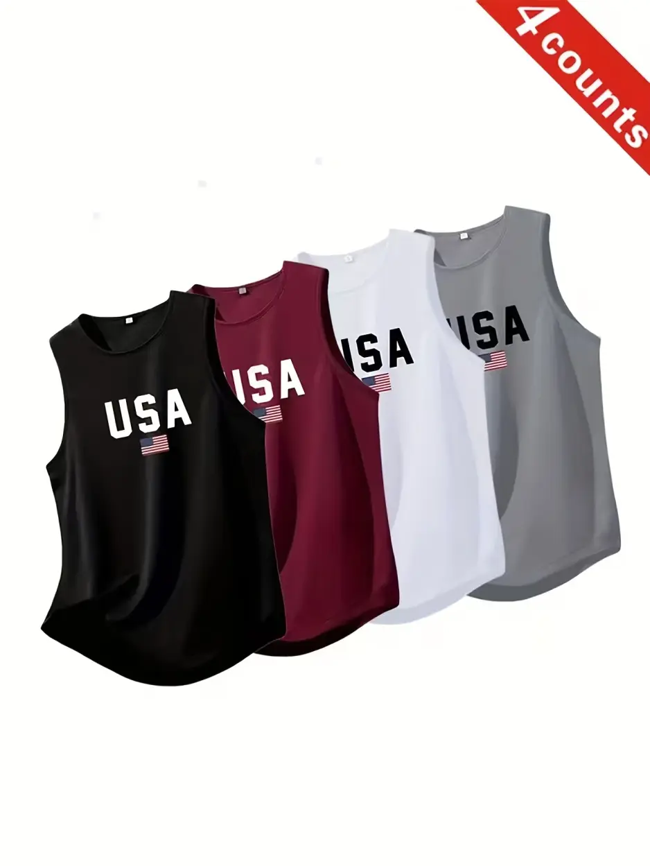 MTTYYD Men's 4-Pack Classic USA Flag Graphic Sleeveless Tank Tops, Polyester, Lightweight Moisture-Wicking Crew Neck Loose Athletic Tops, Machine Washable for Gym, Patriotic Daily Outfits
