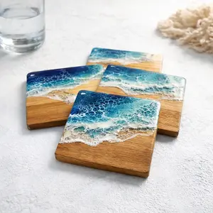 Ocean Resin & Wood Coaster Set (Set of 4) – Handmade Coastal Drink Coasters