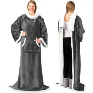 Sherpa Wearable Blanket with Sleeves for Adults, Soft Warm Full Body Cozy Pullover Robe Blanket, Gifts for Christmas
