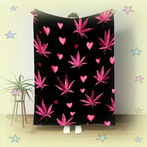 1pc, Pink Cannabis Leaves And Hearts on Black Background Pattern Print It Is a Soft And Comfortable Blanket Or Small Blanket. Made of Flannel Fabric,Warm and soft flannel blanket