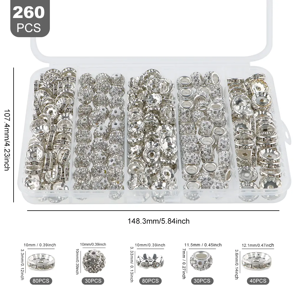 260Pcs Rhinestone Beads for Jewelry Making, Shiny Crystal Clay Beads 10mm and 10mm Fancy Glitter Rondelle Spacer Sparkle 12mm for Bracelets Necklace Earring DIY Crafting Beaded Mesh