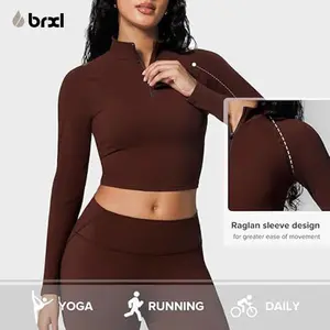BRXL Womens Half Zip Cropped Jacket BBL Workout Jacket Lightweight Athletic Pullover Sculpting Fit Ribbed Trim Running Yoga Gym Wear Moisture Wicking Stretch Fabric for Training