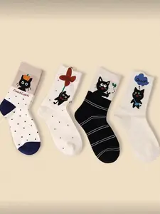 Women's Cute Cartoon Cat Socks Set, Fashionable Mid-Calf Socks, All-Season Use, Soft, Comfortable, Fitted, Breathable, Daily Wear