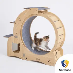 Softcase Large Multifunctional Wood Cat Treadmill with Soft Case, High-Quality Modern Luxury Pet Exercise Running Wheel, Interactive Sport Toy for Cats