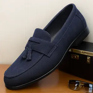 Men's Navy Blue Suede Tassel Loafers, Hand-Stitched Slip-On Casual Dress Shoes82690