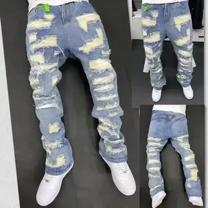 High Street Jeans: Distressed Ripped Knee, Clean Fit-Tear-Resistant Denim, Hip Hop Inspired Streetwea  Menswear Man stack pant