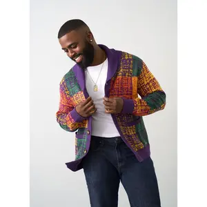 Aren Men's African Print Cardigan Sweater (Harvest Plaid Adire) - Clearance
