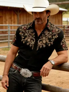 Men's Western Cowboy Style Print Short Sleeve Shirt, Floral Retro American Casual Western Shirt, Fashionable Men's Clothing