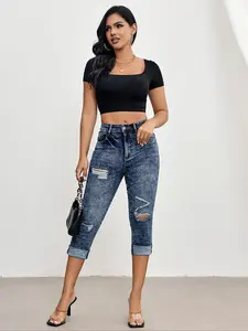 Women's High Waist Straight Leg Denim Jeans, Fall Winter Fashion, Skinny Fitted Design, Elastic Seven-Quarter Jeans, Versatility