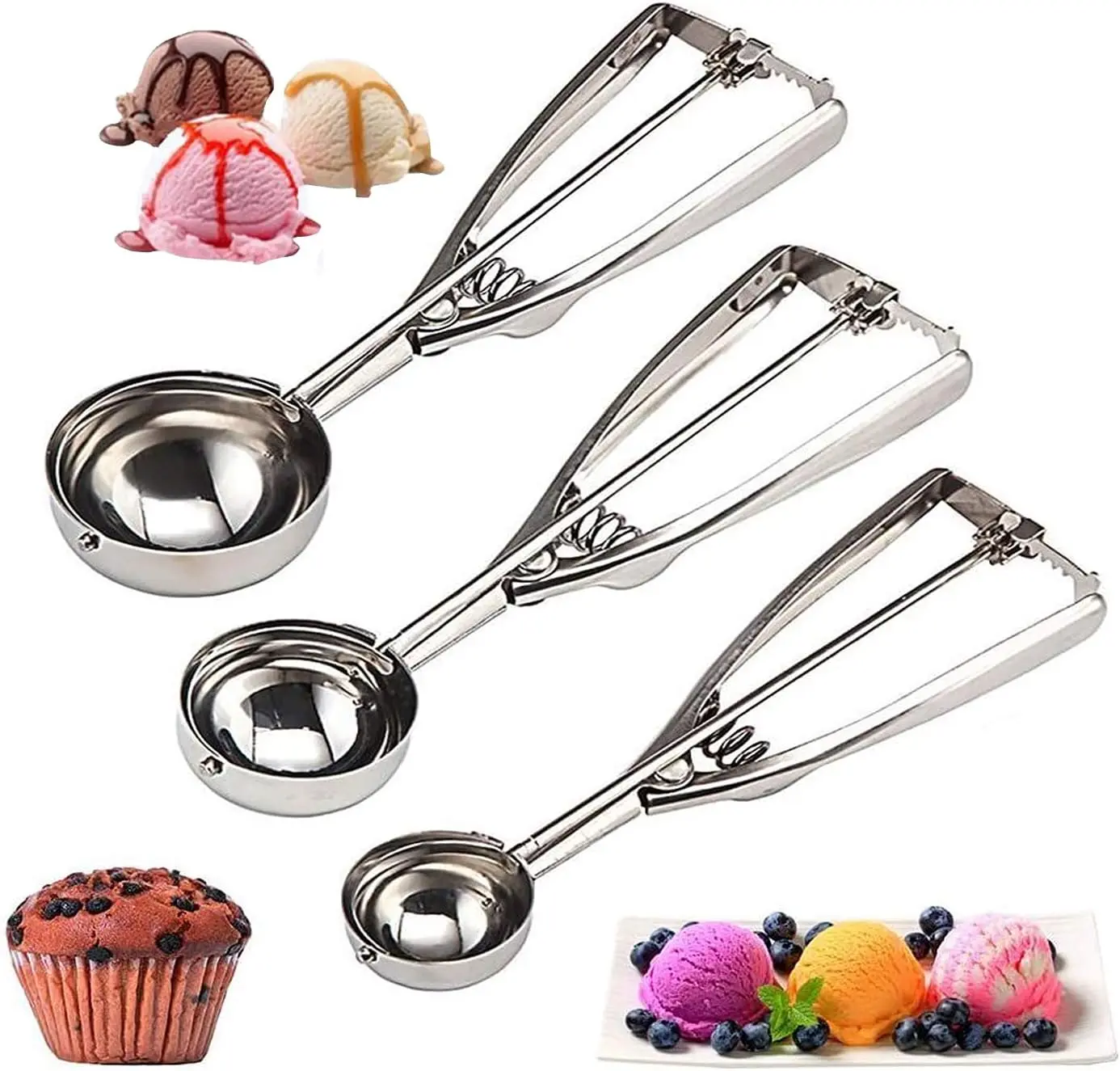 Cookie Scoop Set 3 count, with Trigger Large-Medium-Small Size for Kitchen Family Ice Cream Cookie Cupcake Muffin Meatbal multipurpose tainless Steel Ice Cream Scooper