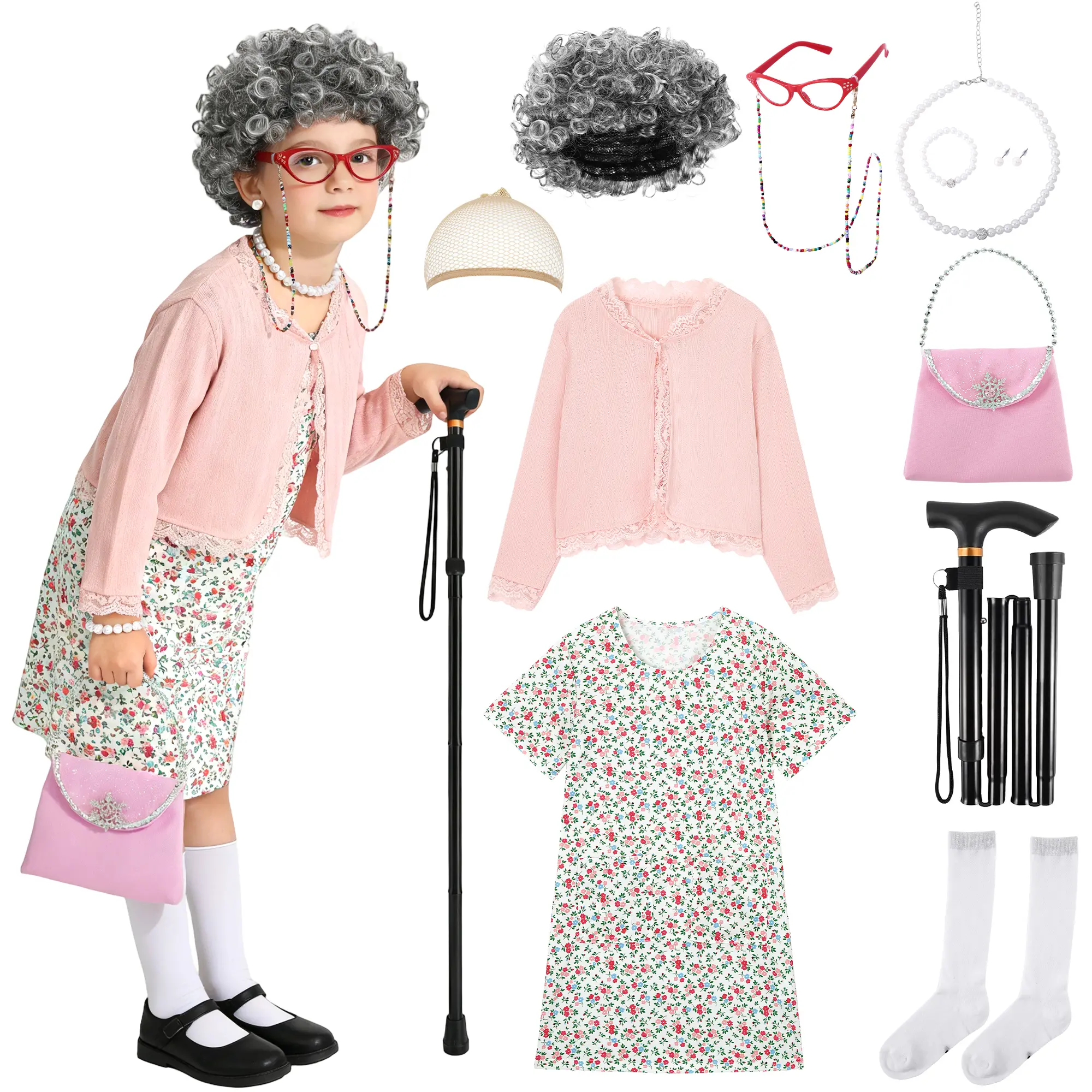 Kids Little Old Lady Grandma Costume Set, Floral Dress Pink Cardigan Granny Wig Glasses Walking Cane Pearl Jewelry Handbag Socks, Halloween 100 Days of School Cosplay Outfit for Girls